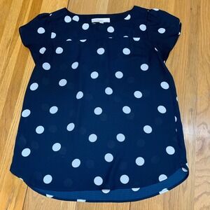 LOFT Navy Blue Polka Dot Short Sleeve Blouse Top Size Small Career Work 483197